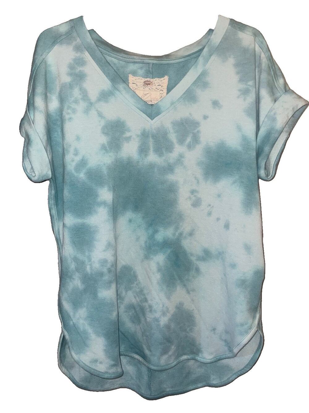 Cupio Blush Womens Sz S Blue Tie Dye V-Neck Cuffed Sleeve French Terry Top Shirt